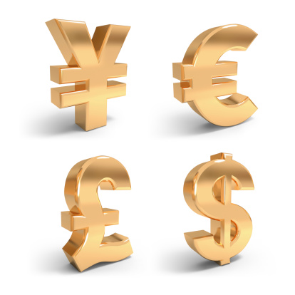 3d render golden currency symbols on the white background.