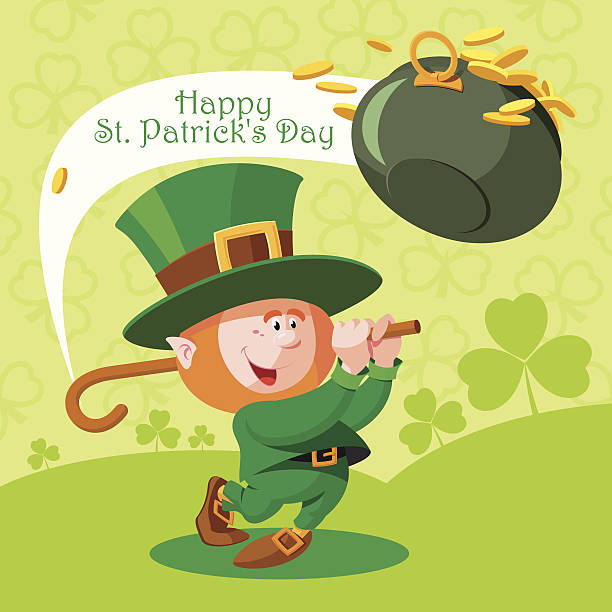 Card St. Patrick's Day. Cute leprechaun playing golf. Card St. Patrick's Day. Cute leprechaun playing golf. Pot of gold coins cute leprechaun stock illustrations