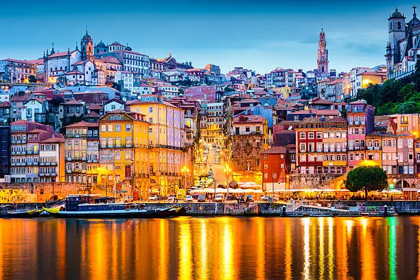 Porto, Portugal  old city skyline from across the Douro River.