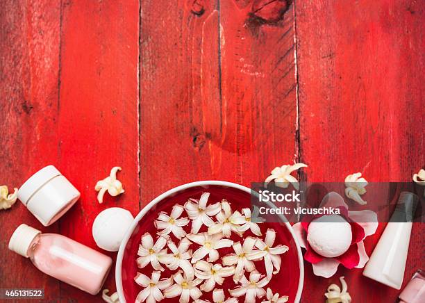 Wellness Background On Red Wooden Table Top View Stock Photo - Download Image Now - 2015, Above, Beauty