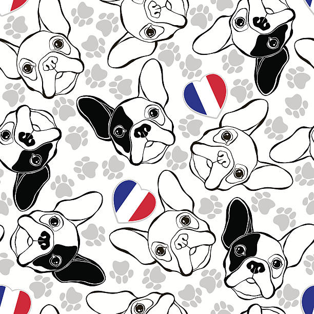 Vector seamless pattern with French Bulldog, traces  and Heart flag. Animal background. fat humor black expressing positivity stock illustrations
