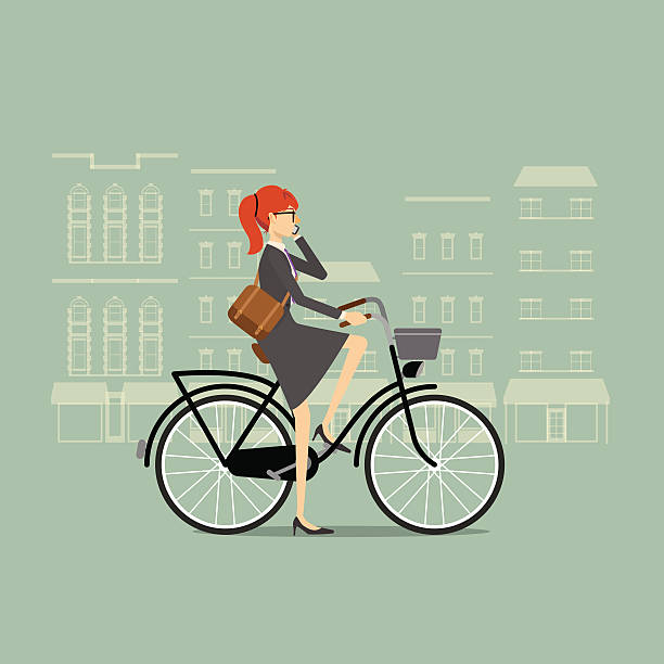 stockillustraties, clipart, cartoons en iconen met business woman on a bicycle talking on the phone - forens