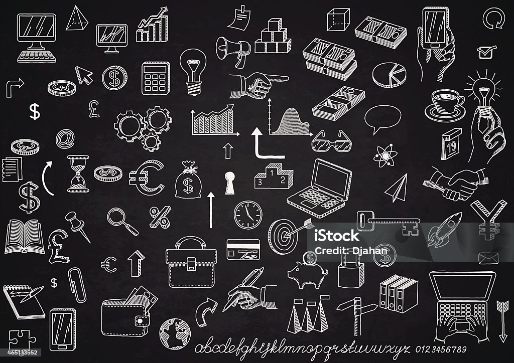 Set of icons on chalkboard Set of hand drawn icons, on chalkboard, for creating business concepts and illustrating ideas, EPS 10 contains transparency. Chalk Drawing stock vector