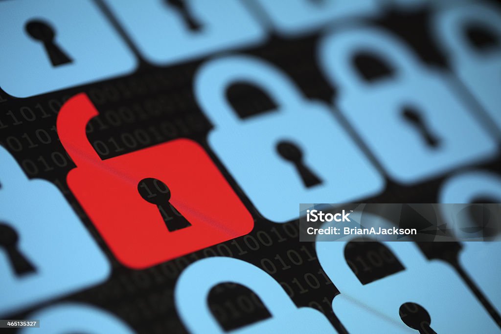 Internet security Internet security concept open red padlock virus or unsecured with threat of hacking Threats Stock Photo