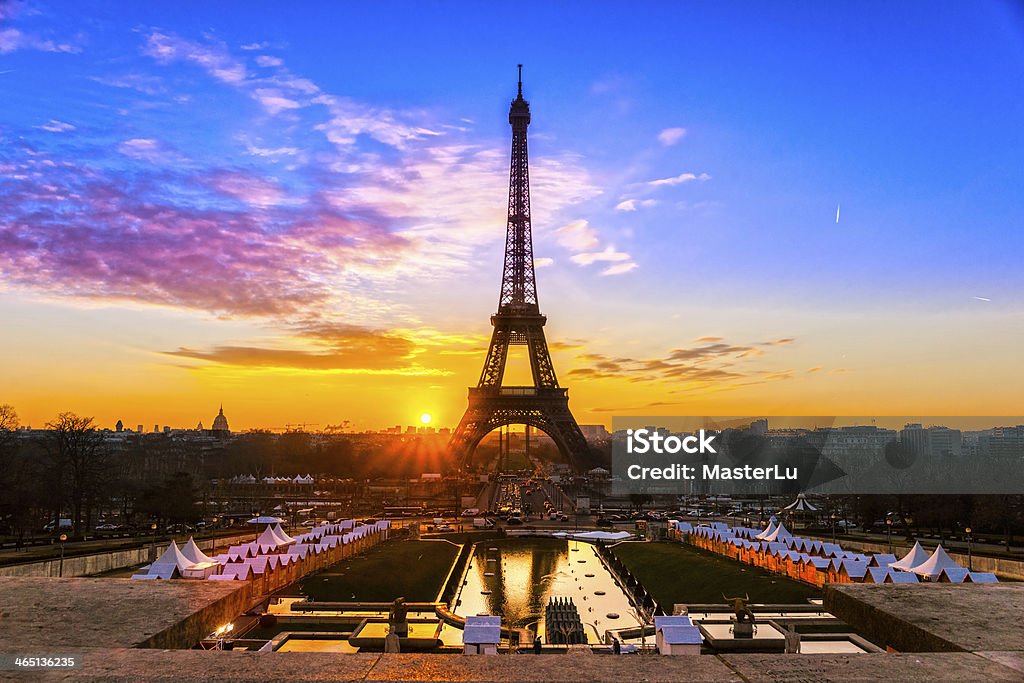 View of the Eiffel tower at sunrise, Paris. 20th Century Style Stock Photo