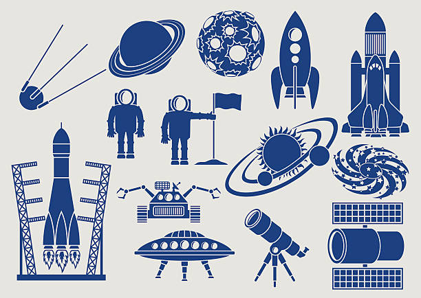 Space, Set of Icons Set of icons, space ships, planets, rockets, astronauts, etc astronaut silhouettes stock illustrations
