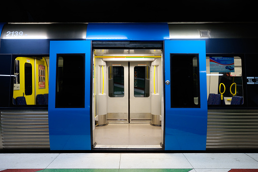 Stockholm, Sweden - October 3, 2010: Stockholm's metro, the train with the opened doors at the station.