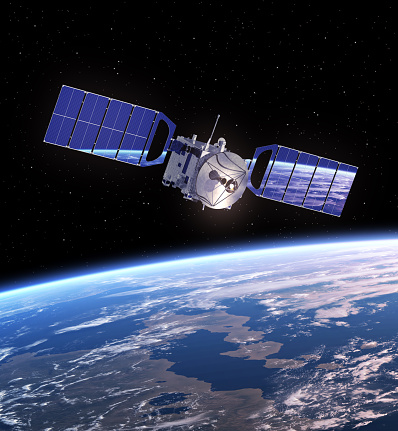 Satellite In Space. 3D Scene. Elements Of This Image Furnished By NASA. 