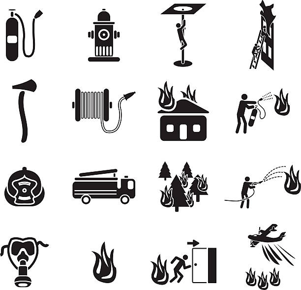 ilustrações de stock, clip art, desenhos animados e ícones de conjunto de ícones de combate a incêndios - entering airplane
