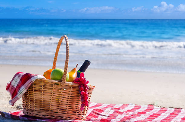 istock Picnic basket with fruits by the ocean 465143932