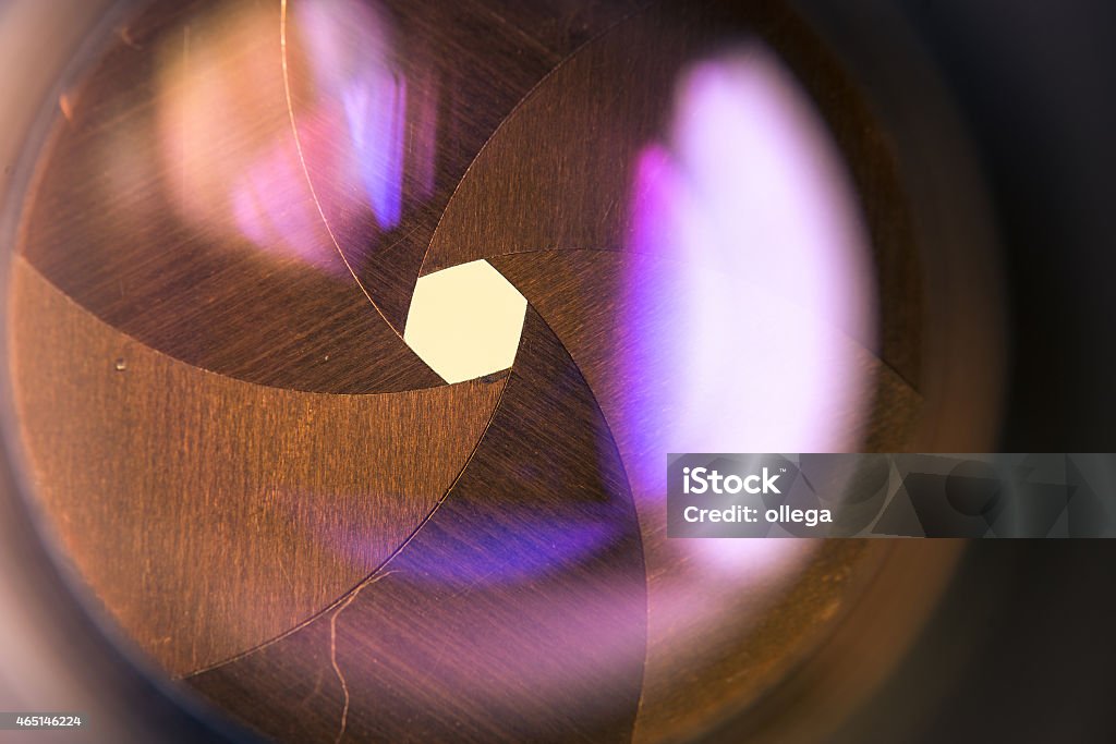 Camera diaphragm aperture with flare and reflection on lens 2015 Stock Photo