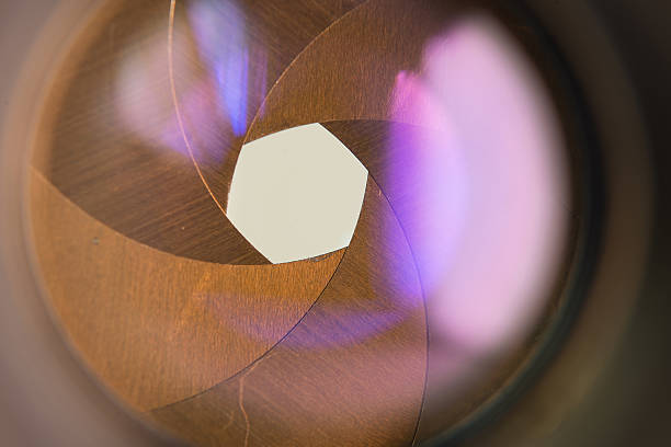 istock Camera diaphragm aperture with flare and reflection on lens 465146226