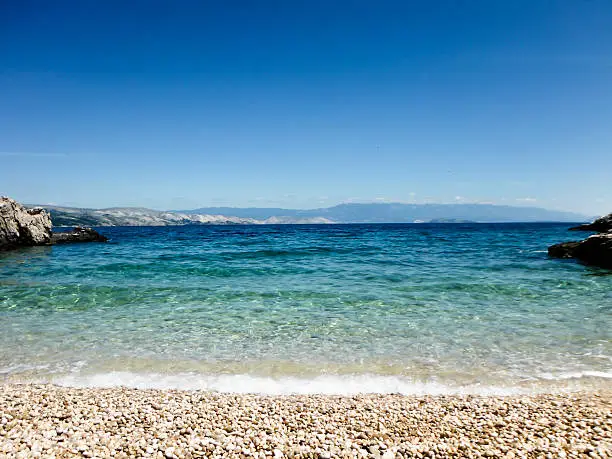 A deserted beach in Croatia, Turquoise water and white pebbles