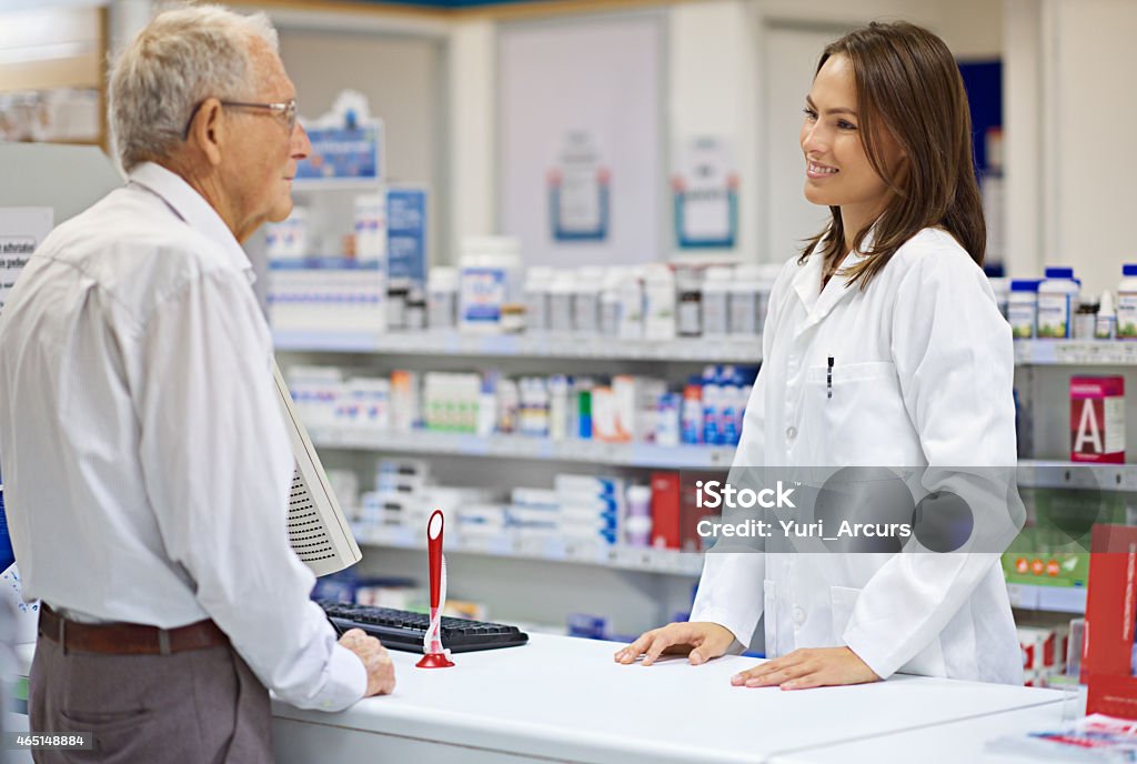 Every customer is important to her Shot of a young pharmacist helping an elderly customer at the prescription counter. The commercial product(s) or designs displayed in this image represent simulations of a real product, and are changed or altered enough so that they are free of any copyright infringements. Our team of retouching and design specialists custom designed these elements for each photo shoot http://195.154.178.81/DATA/i_collage/pi/shoots/785200.jpg 2015 Stock Photo