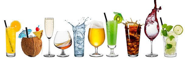 row of various beverages Row of various drinks on white background soda photos stock pictures, royalty-free photos & images