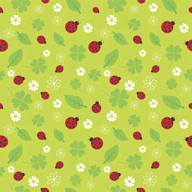 Vector illustration of Spring seamless pattern with flowers and ladybirds.