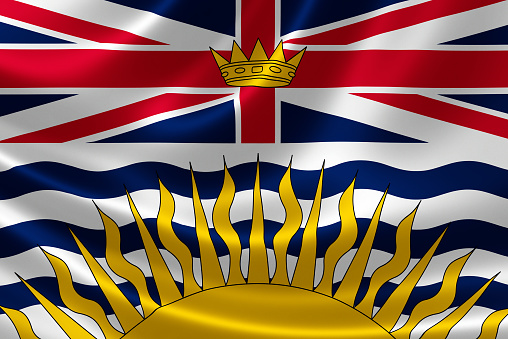 3D rendering of the Canadian provincial flag of British Columbia on satin texture.
