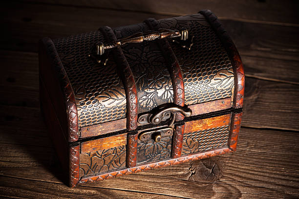istock Treasure chest on wooden background 465154827