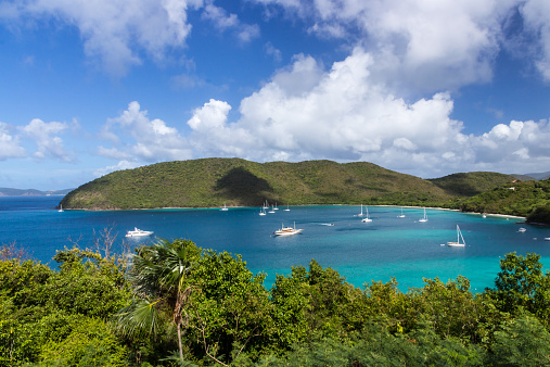 A gorgeous panoramic view of Maho Bay on St John, US Virgin Islands in the Caribbean.
