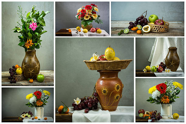 set of the Still life with a apple and a orange and passion fruit set