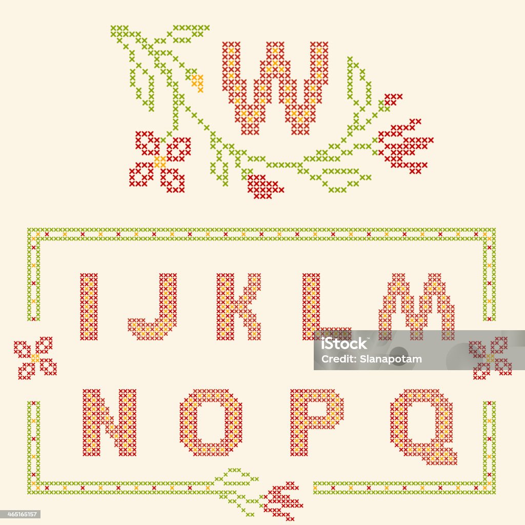 Cross-stitch embroidery in Ukrainian style Design elements for cross-stitch embroidery. Red and green, vector illustration. Floral frame for one letter and letters I-Q. Abstract stock vector