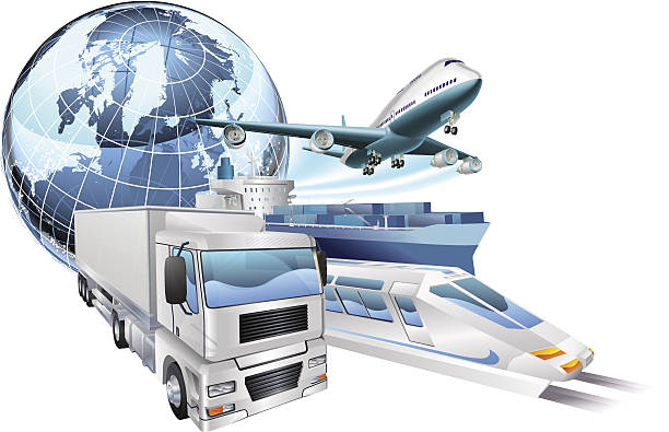 концепция логистики транспорта глобус - sea freight transportation transportation shipping stock illustrations