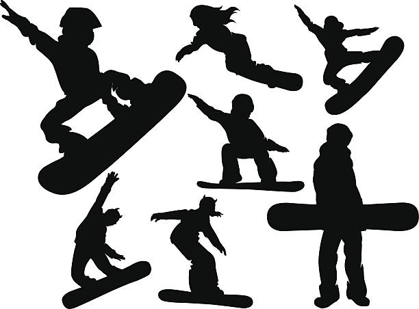 ilustraciones, imágenes clip art, dibujos animados e iconos de stock de siluetas de deportes personas - snowboarding snowboard women teenager