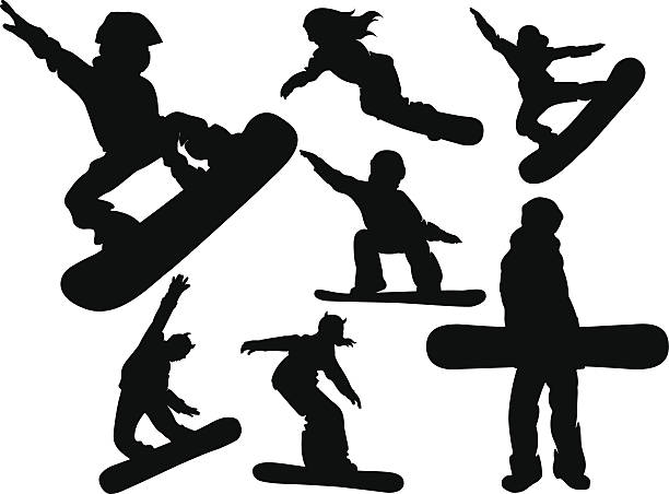 ilustrações de stock, clip art, desenhos animados e ícones de silhuetas de pessoas de desporto - snowboarding snowboard skiing ski