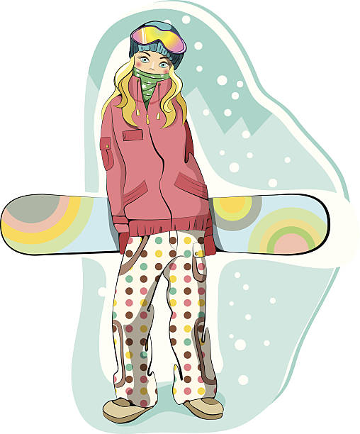 Girl snowboarder at the ski resort Vector character illustration. Stylish Confident beautiful blonde snowboarder woman stands and holds board. Sports logo More pictures from this series in my portfolio. snowboarding snowboard women snow stock illustrations