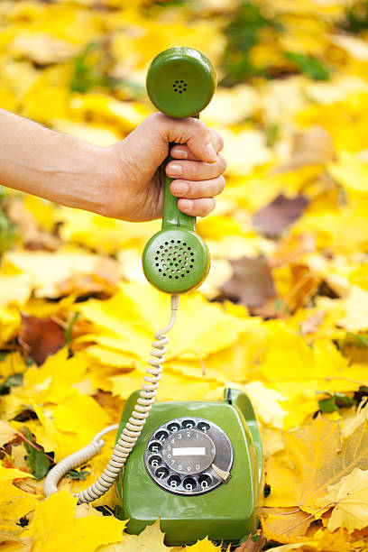 istock hand holding vintage phone receiver in autumn park 465170359