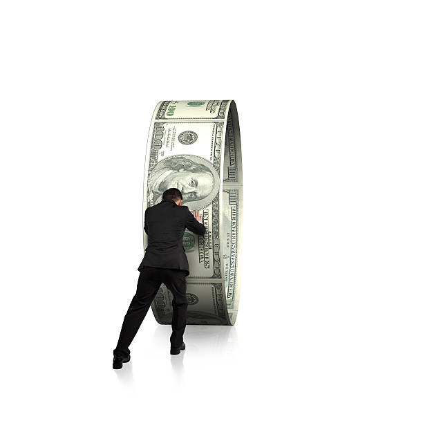 istock Businessman pushing money circle isolated in white background 465171317