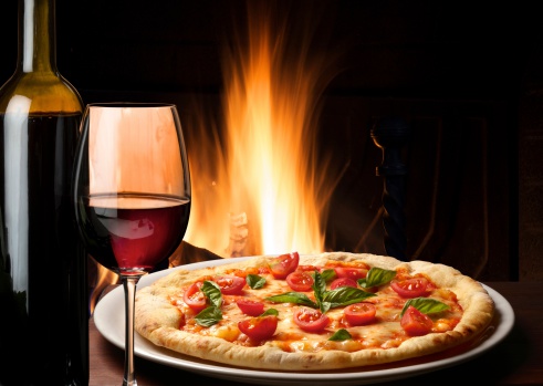 pizza and red wine glass