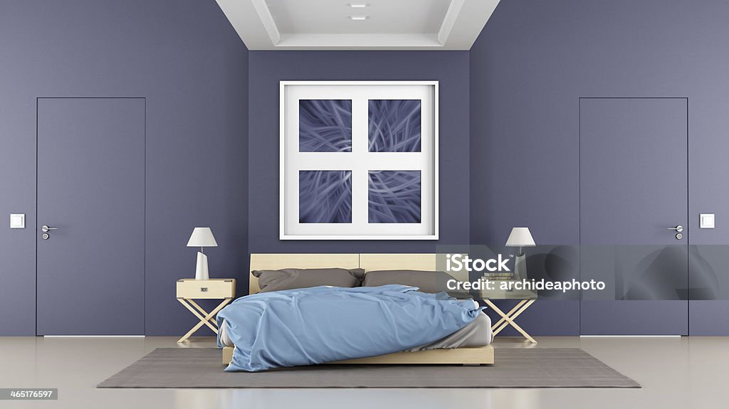 Contemporary bedroom Contemporary bedroom with double bed and two closed doors - rendering - the art picture on wall is amy composition Door Stock Photo