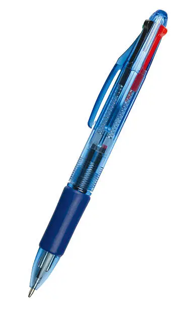 Blue ballpoint pen in dynamic perspective.