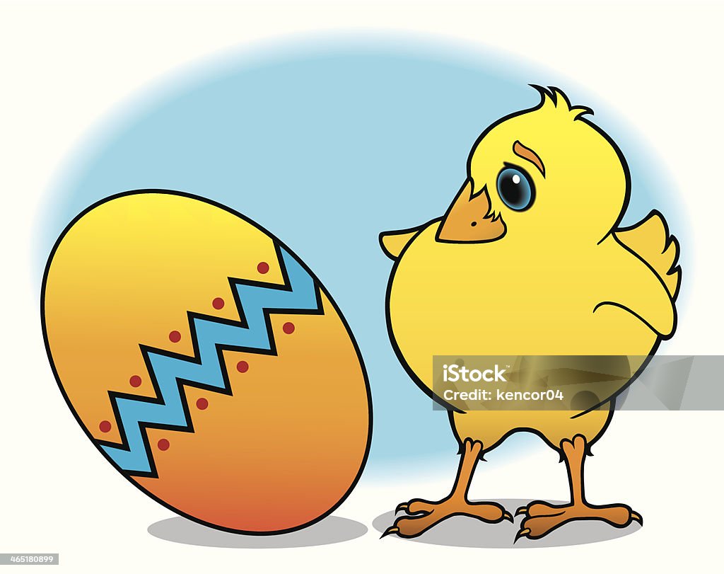 Easter Chick Baby chicken stares in wonder at decorated Easter egg. Animal stock vector