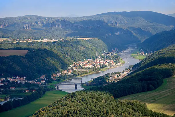 bad schandau and elbe valley with mountains