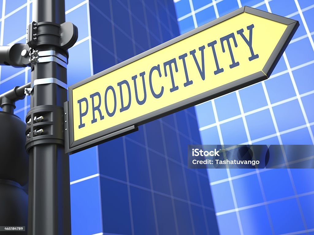 Productivity Word on Yellow Roadsign. Productivity on Yellow Roadsign on Blue Urban Background. Achievement Stock Photo