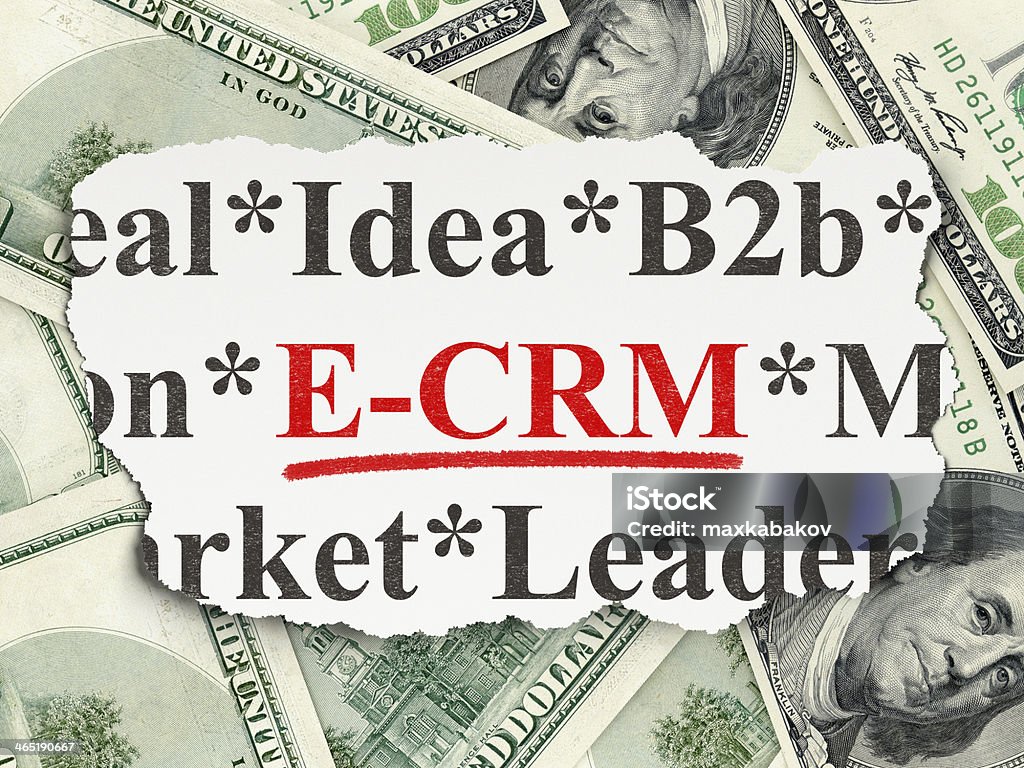 Business concept: E-CRM on Money background Business concept: torn newspaper with words E-CRM on Money background, 3d render Achievement Stock Photo