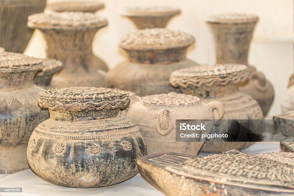 Ancient clay pottery Clay pottery in the ancient art of Thailand Ancient Stock Photo