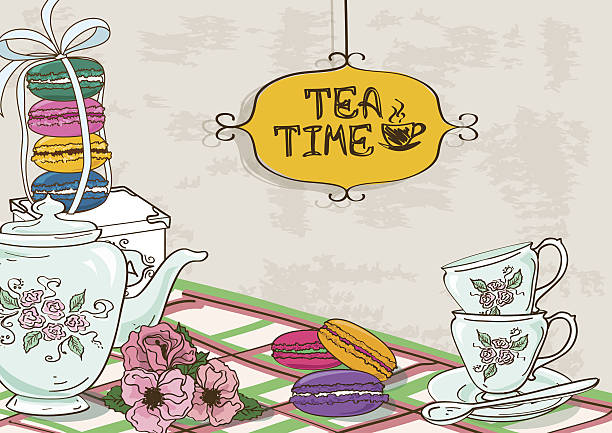 illustration mit stillleben von tee und köstlichen französischen makronen - tea cup coffee cup teapot domestic kitchen stock-grafiken, -clipart, -cartoons und -symbole