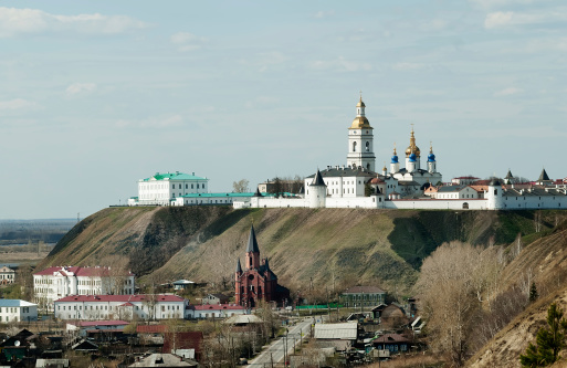 Siberian kremlin complex and catholic Church of the Blessed Trinity in Tobolsk town. Tyumen region. Russia