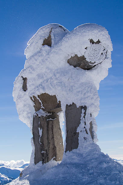 Inukshuk covered in snow The inukshuk located at the summit of Whistler mountain covered in snow in the winter months inukshuk whistler cairn mountain stock pictures, royalty-free photos & images