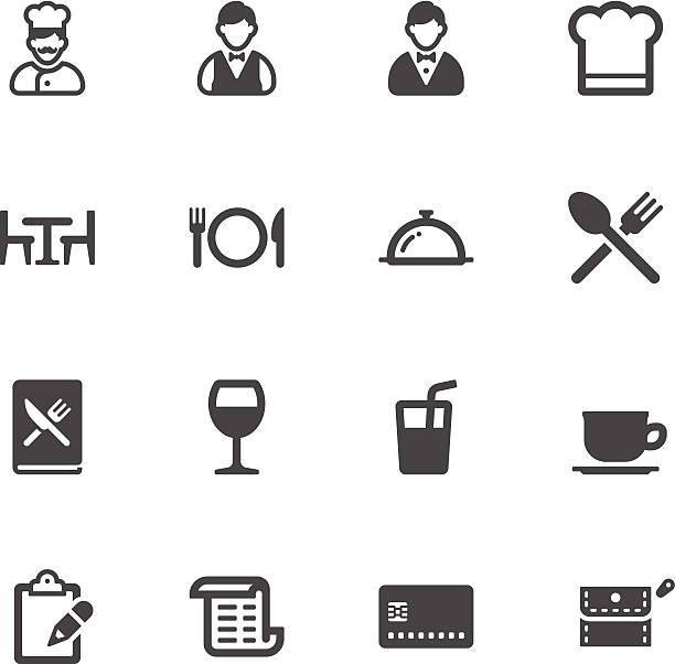 ilustraciones, imágenes clip art, dibujos animados e iconos de stock de iconos de restaurante - restaurant waiter table wait staff