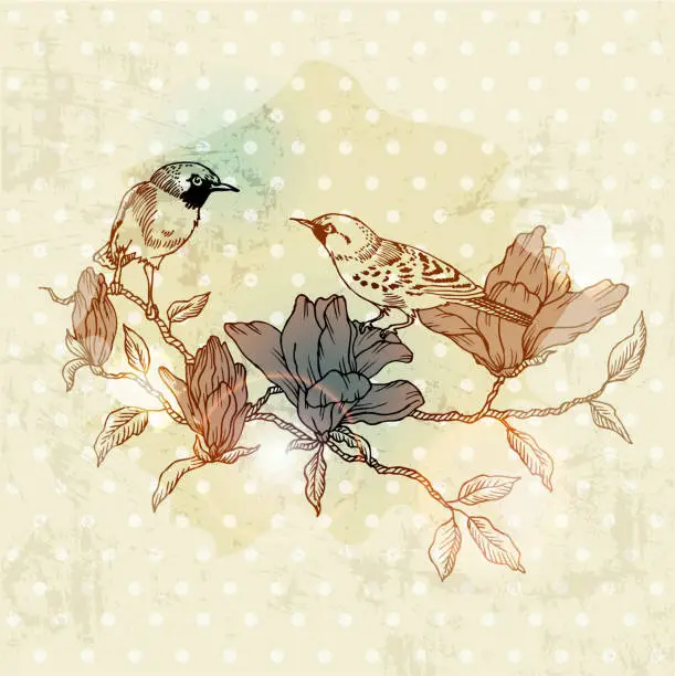 Vector illustration of Vintage Spring Card with Bird and Flowers