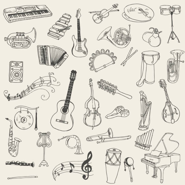 ilustraciones, imágenes clip art, dibujos animados e iconos de stock de conjunto de instrumentos de la música - musical instrument string illustrations