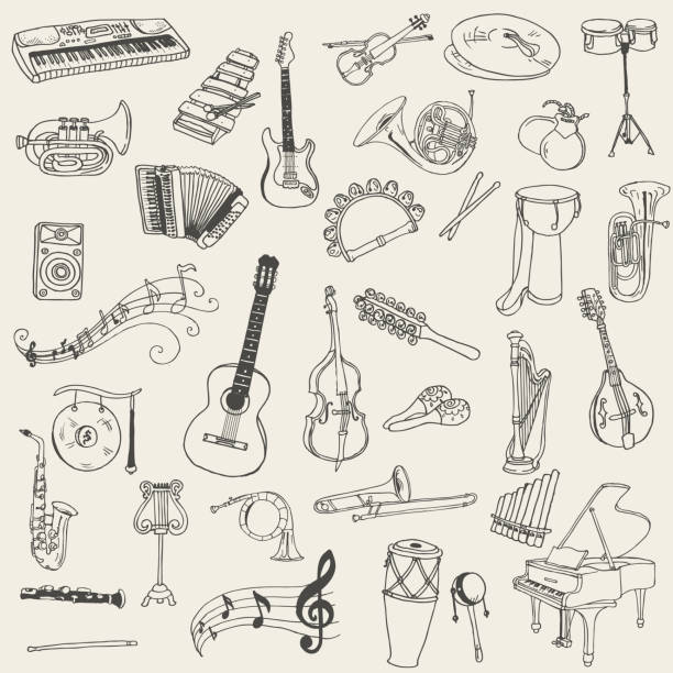 ilustrações, clipart, desenhos animados e ícones de conjunto de instrumentos musicais - instrumento musical