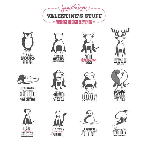 Set of vintage Valentine's day design elements vector art illustration