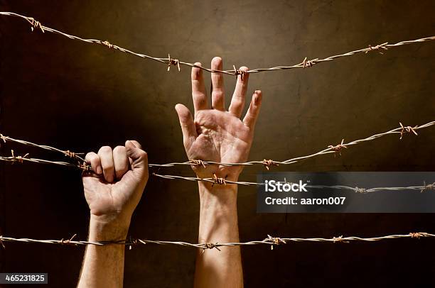 Desperate Hands Gripping Metallic And Rusted Barbed Wire Stock Photo - Download Image Now