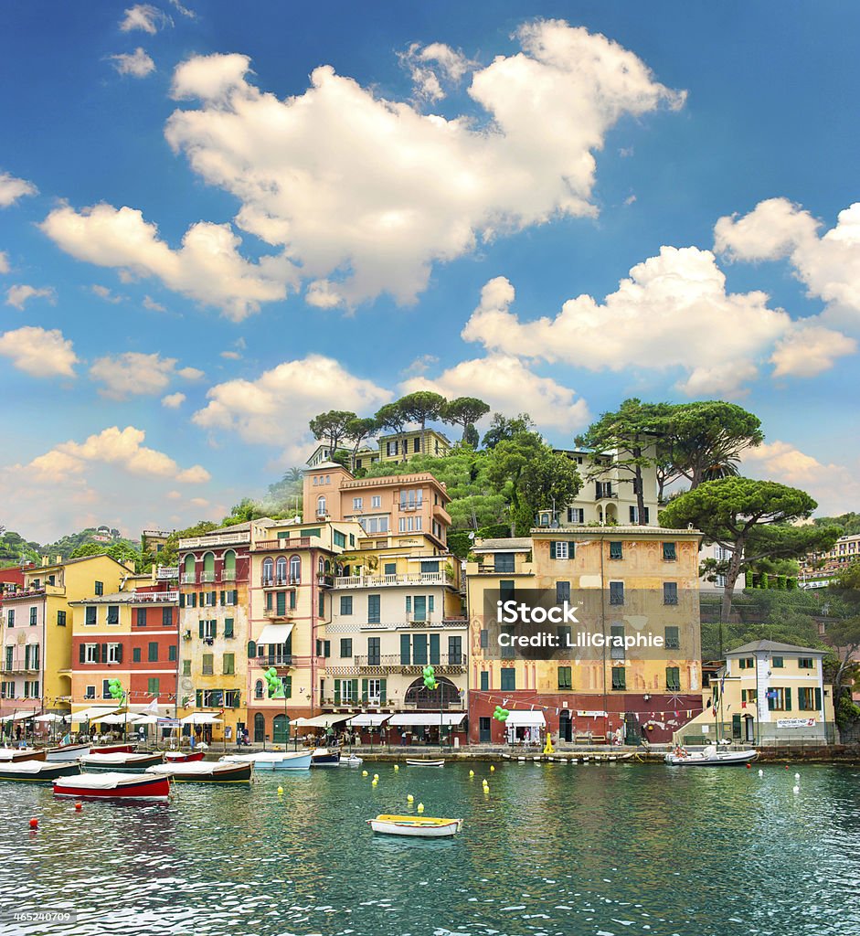 famous Portofino village on Ligurian coast famous Portofino village on Ligurian coast, Italy. beautiful landscape with blue sky Architecture Stock Photo