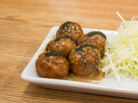 Japanese snack food, Takoyaki and beef close up